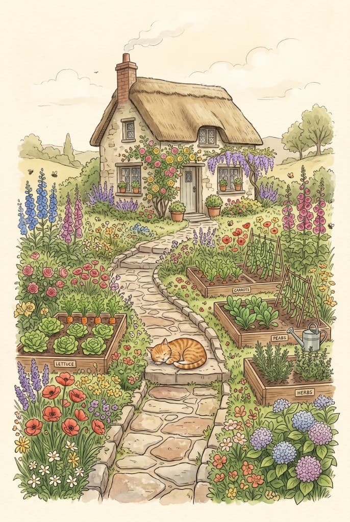 Cottage and garden illustration with stone path, beds, and flowers